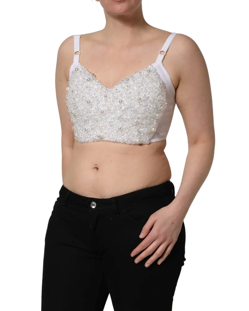 Dolce & Gabbana Women's White Pearls Beaded Corset Bustier Crop Top Elastane Polyester White