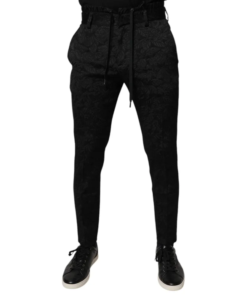 Dolce & Gabbana Men Black Brocade Polyester Skinny Dress Pants Black