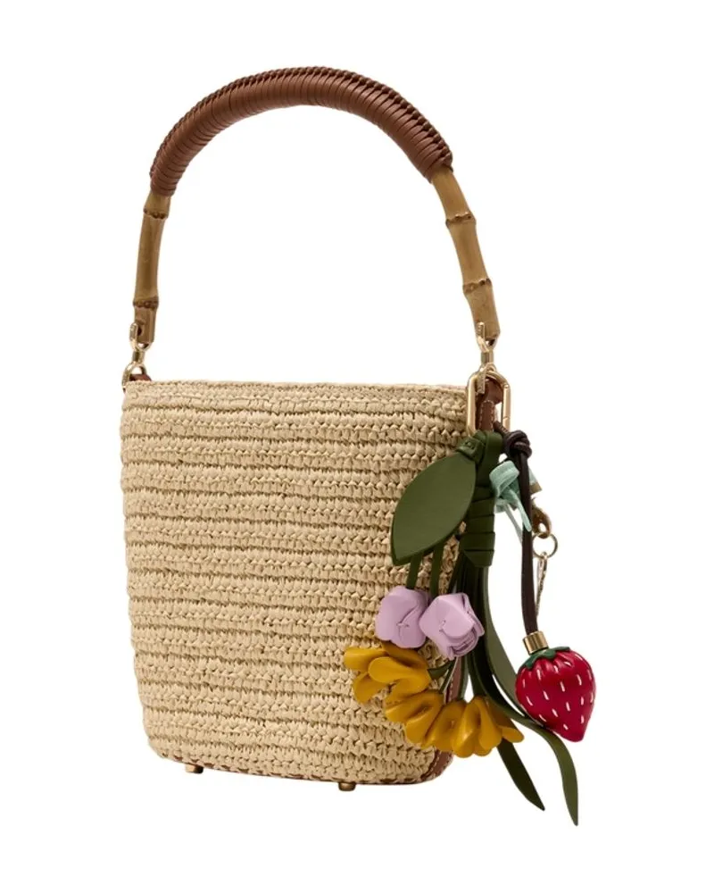 Self-Portrait Women's Charm Bucket Handbag - Self Portrait Raffia Beige Bags Handbags-Purses Beige