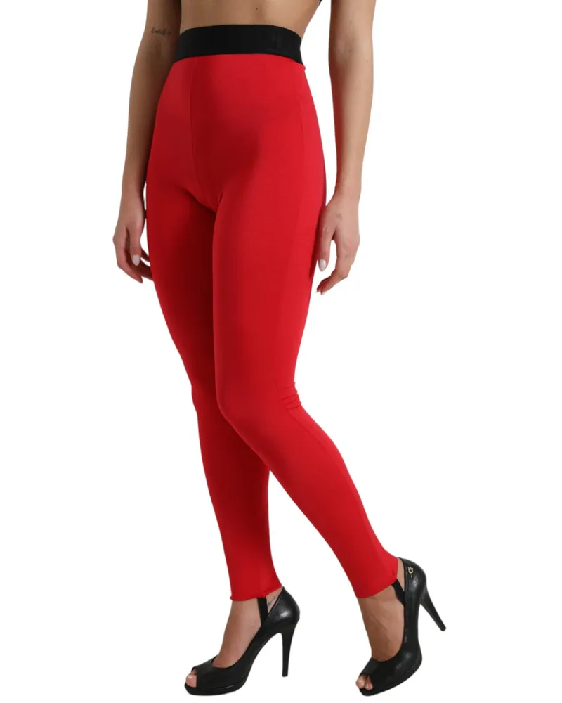 Dolce & Gabbana Women Red Nylon Dg Logo Slim Leggings Pants Elastane Red