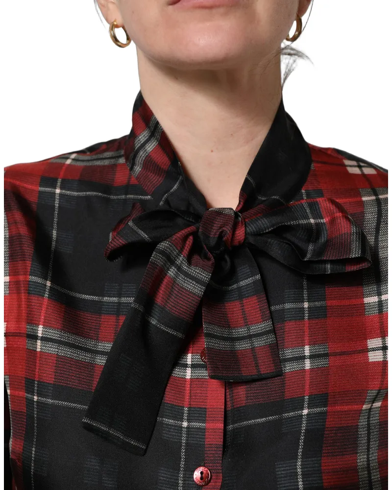 Dolce & Gabbana Women's Red Black Plaid Silk Tie-Neck Blouse Top And Red