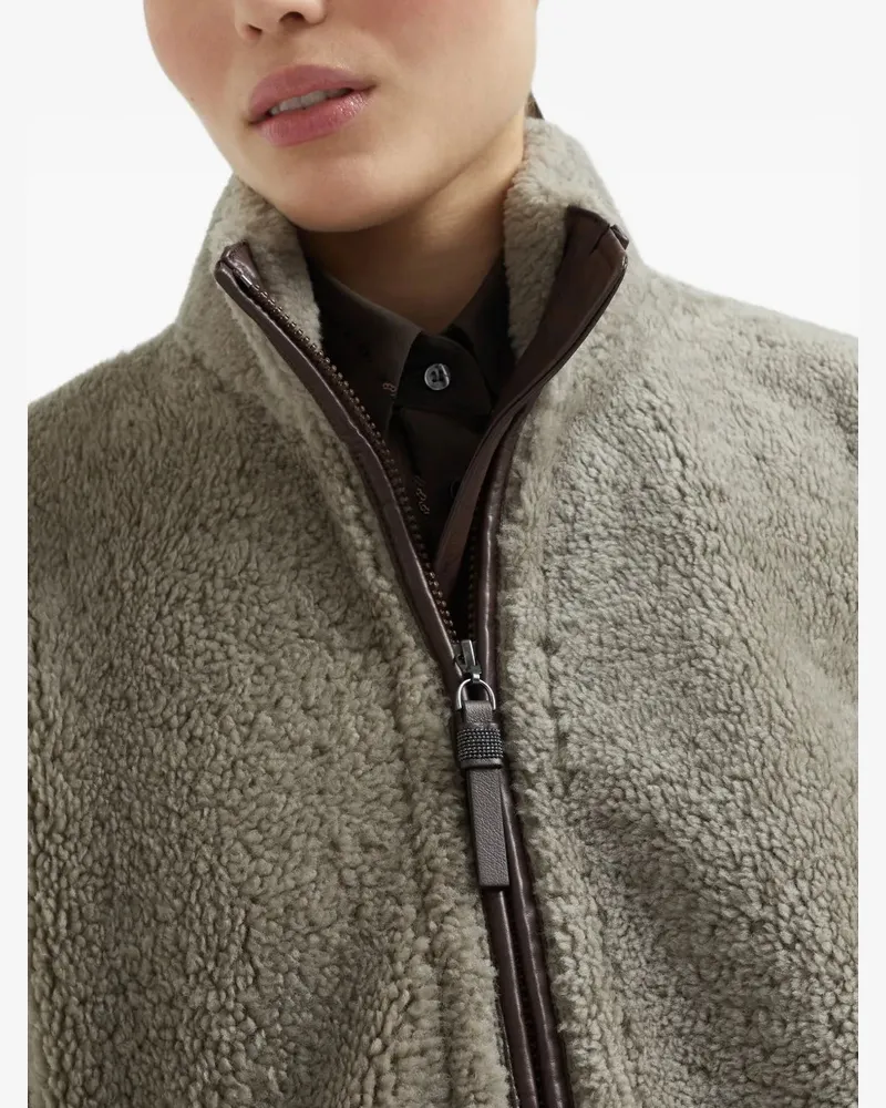 Brunello Cucinelli Women's Monili Chain-Detail Shearling Jacket Aw25 W Taupe