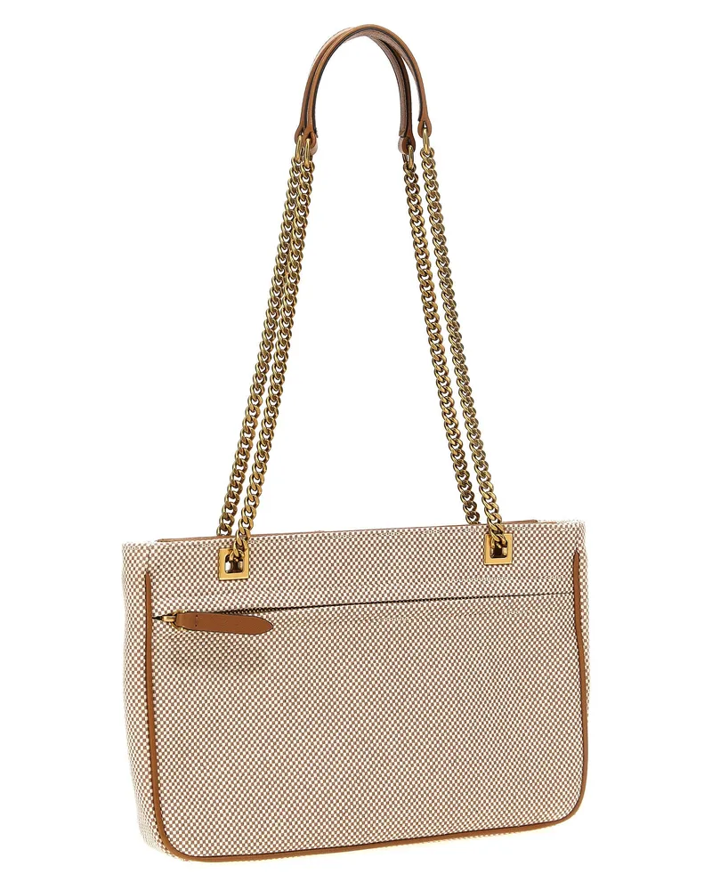 Valentino Garavani Canvas with Leather VLogo Shoulder Bag — Tan Tan