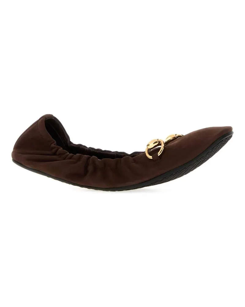 Gucci Women's Dark Brown Suede Prima Ballerinas Darkbrown Calf Skin Ballerine Flat Shoes Brown