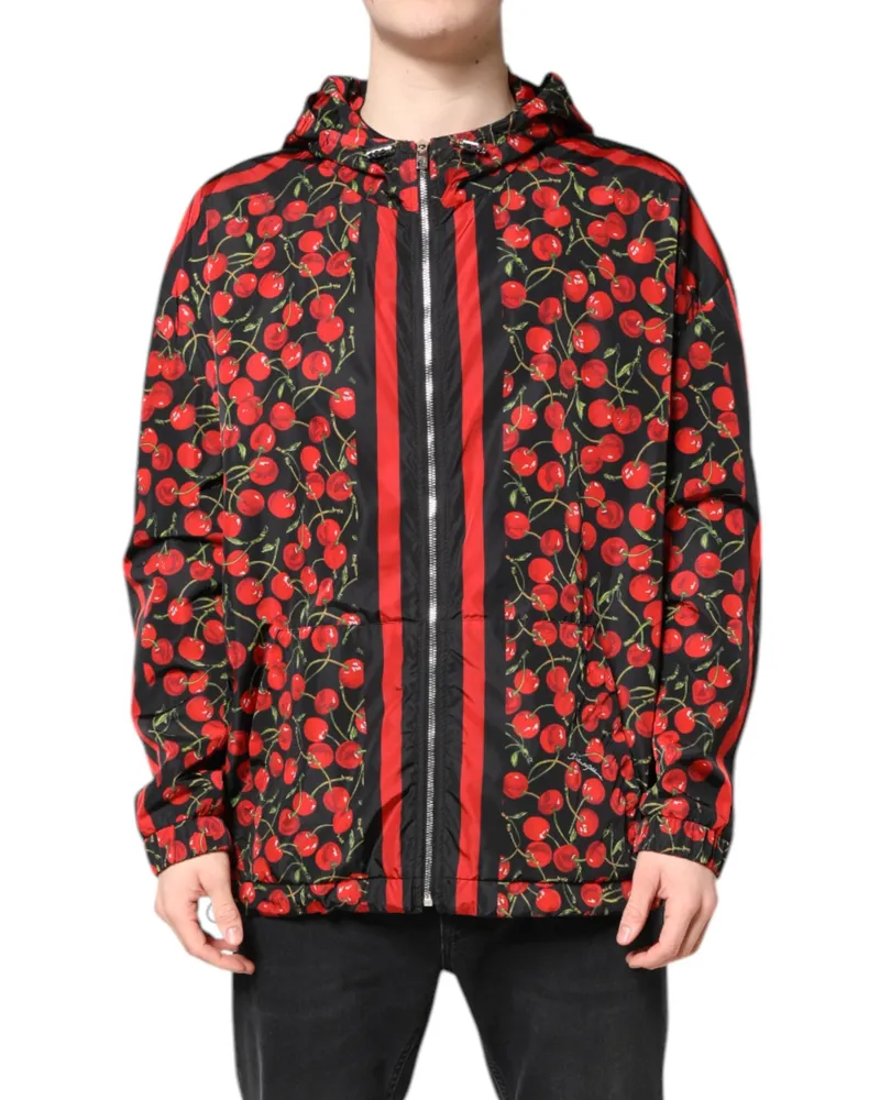 Dolce & Gabbana Men's Black Cherry Print Hooded Windbreaker Jacket And Red Polyester Clothing Black