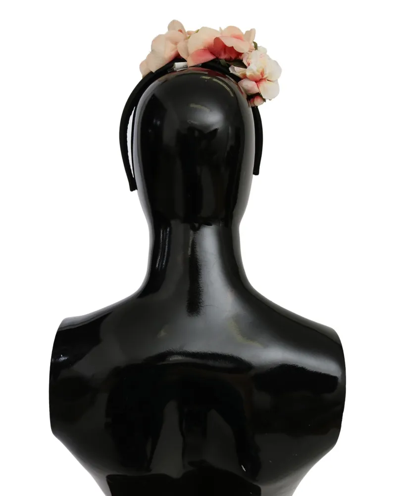 Dolce & Gabbana Women's Pink Silk Black Floral Headband Logo Diadem Accessory Black