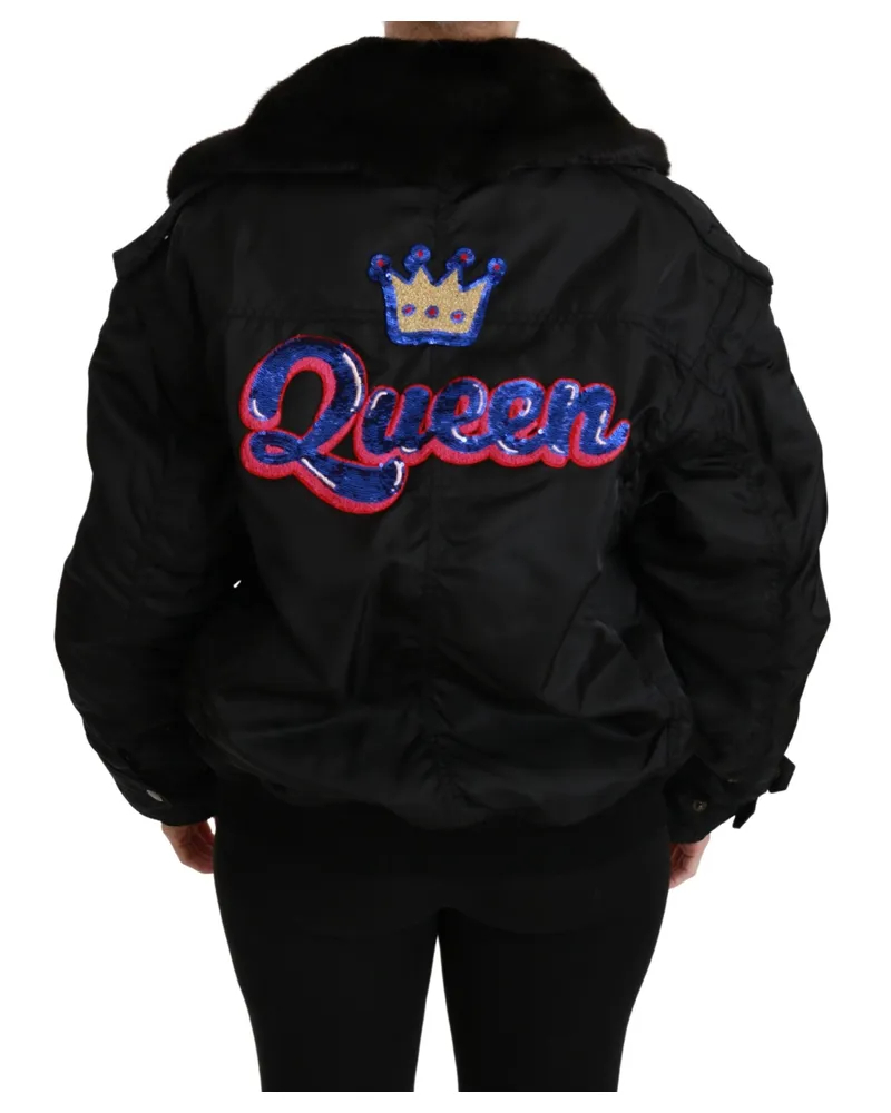 Dolce & Gabbana Women's Black Queen Crown Sequined Bomber Jacket Nylon Clothing Black