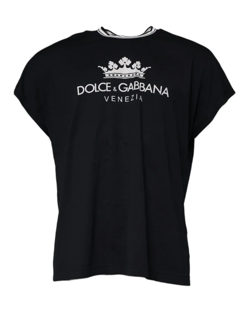 Dolce & Gabbana Men's Dark Blue Logo Crown Cotton Crew Neck T-Shirt Black