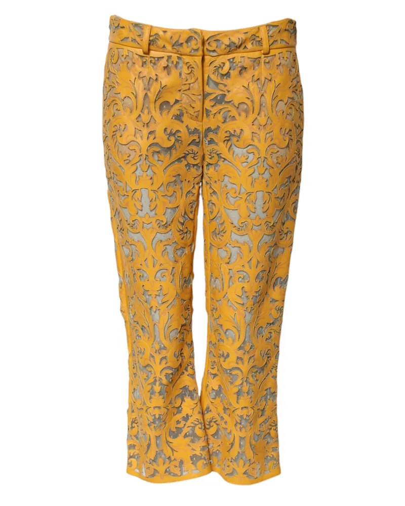Dolce & Gabbana Women Yellow Floral Lace Mid Waist Capri Pants Bull Leather Yellow