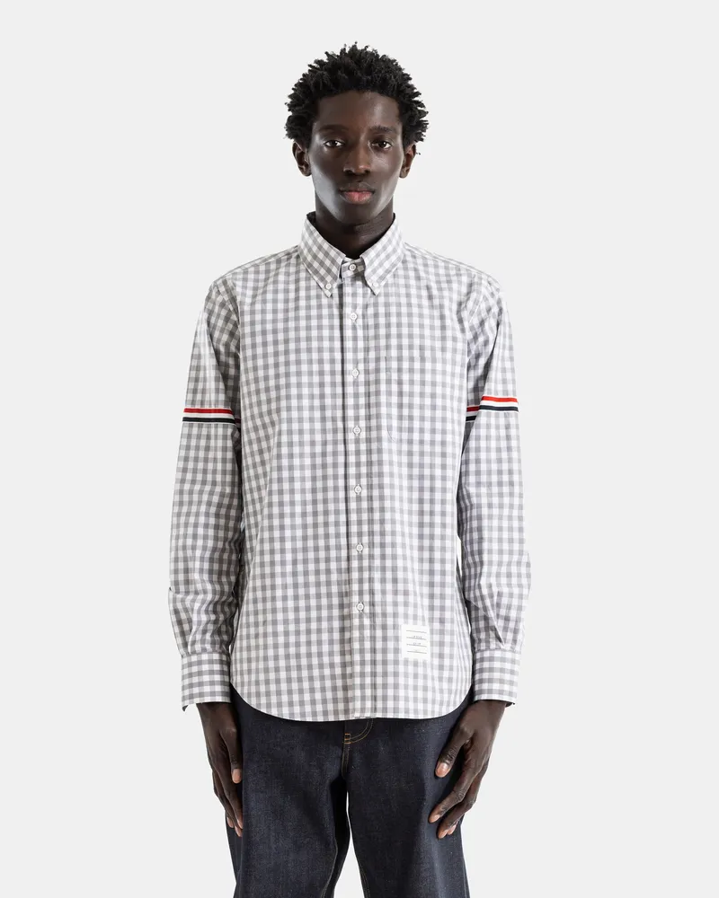 Thom Browne Men's Shirt Poplin Gingham Grey White Tricolor Grosgrain Armband Sleeve Gray Gray