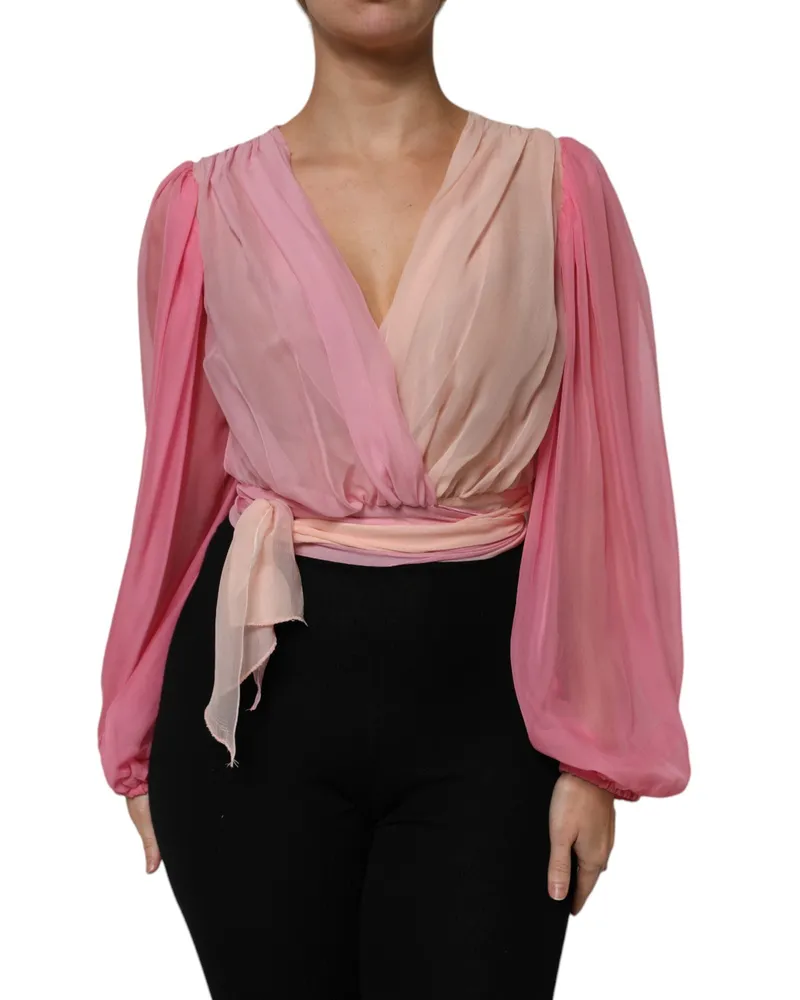 Dolce & Gabbana Women's Pink Plunging V-Neck Long Sleeves Blouse Top Silk Pink