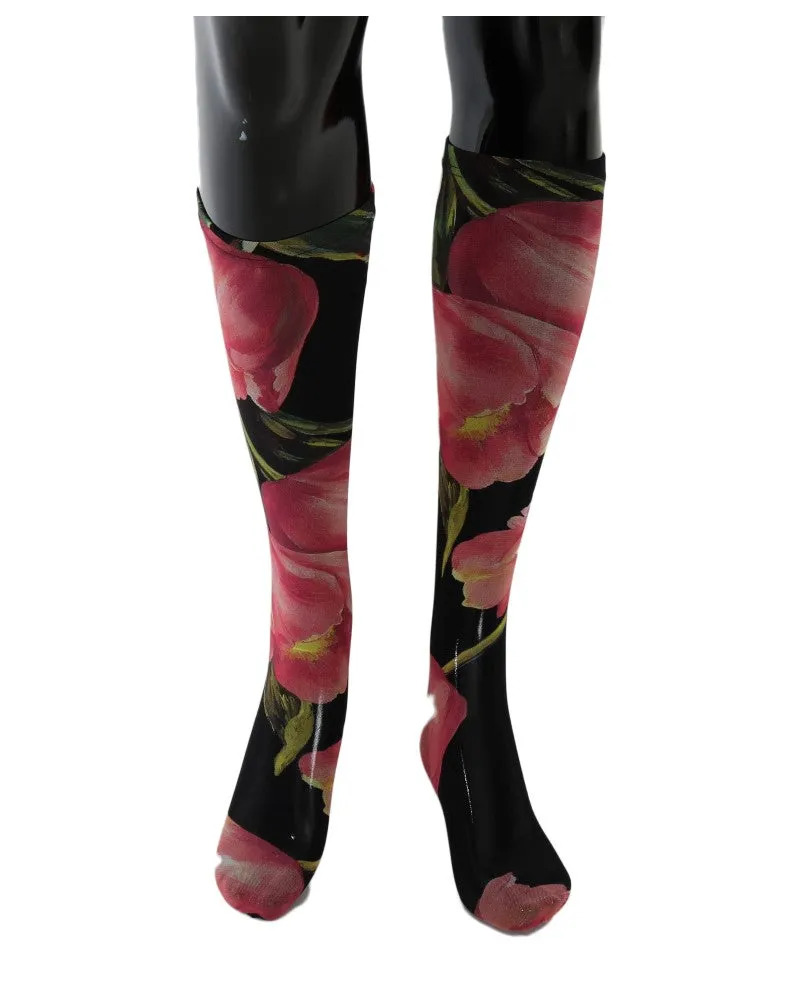 Dolce & Gabbana Floral Tulip Print Nylon Socks — Black Black