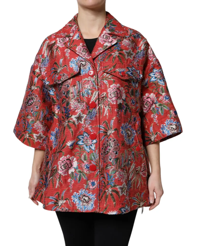 Dolce & Gabbana Women's Red Floral Jacquard Button Down Coat Jacket Clothing Red