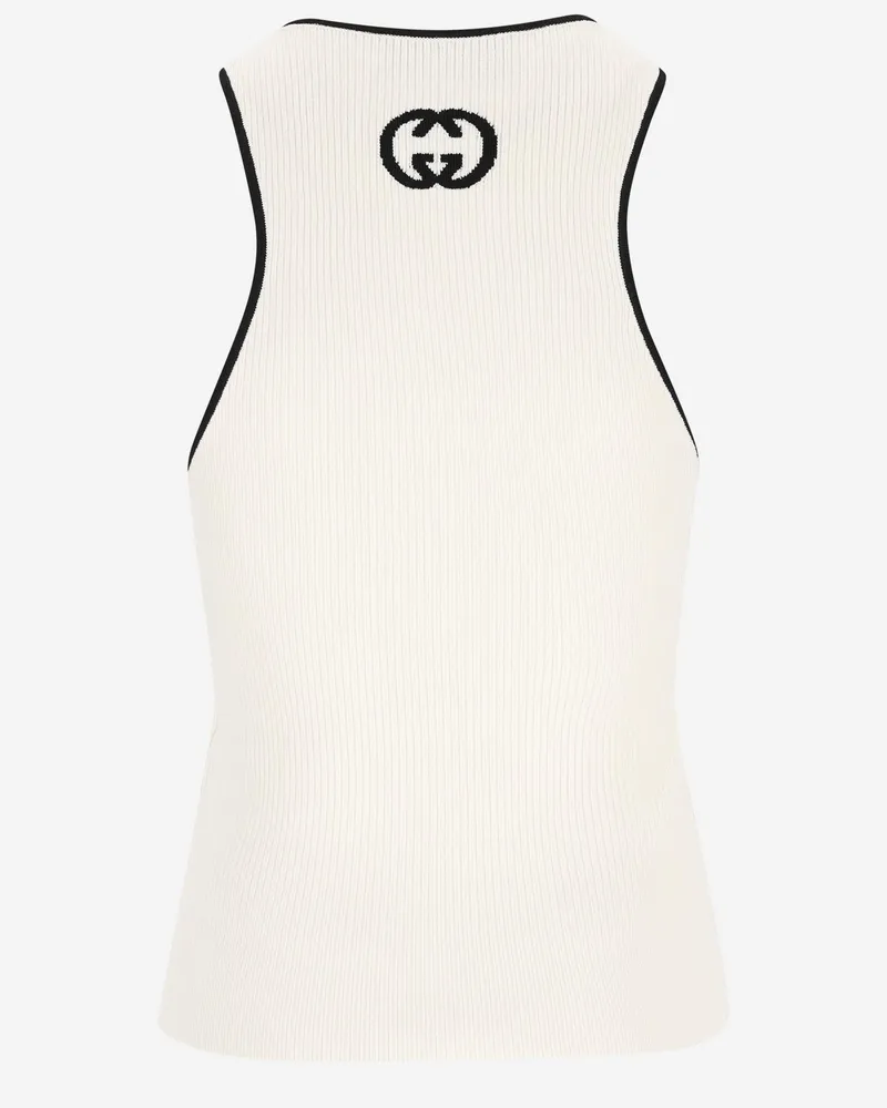 Gucci Women Ribbed Tank Top With Cross Inlay, White Viscose White
