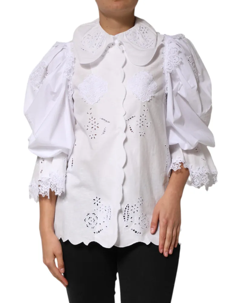 Dolce & Gabbana Women's White Ruffled Lace Embellished Blouse Top Cotton Linen Polyester White