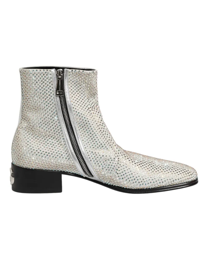 Dolce & Gabbana Men's White Strass Dg Logo Heels Ankle Boots Shoes White