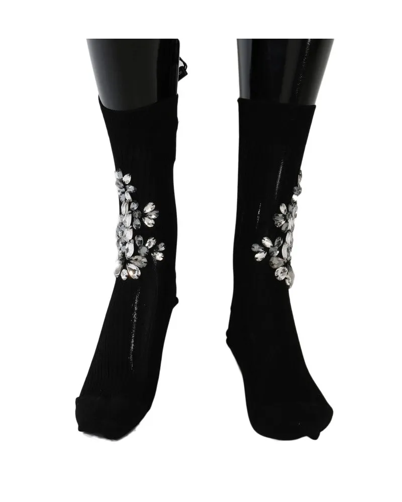 Dolce & Gabbana Women's Black Knitted Floral Clear Crystal Socks Cotton Clothing Black