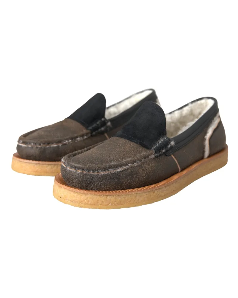 Dolce & Gabbana Brown Black Fur Leather Loafers Men Shoes And Calf Brown