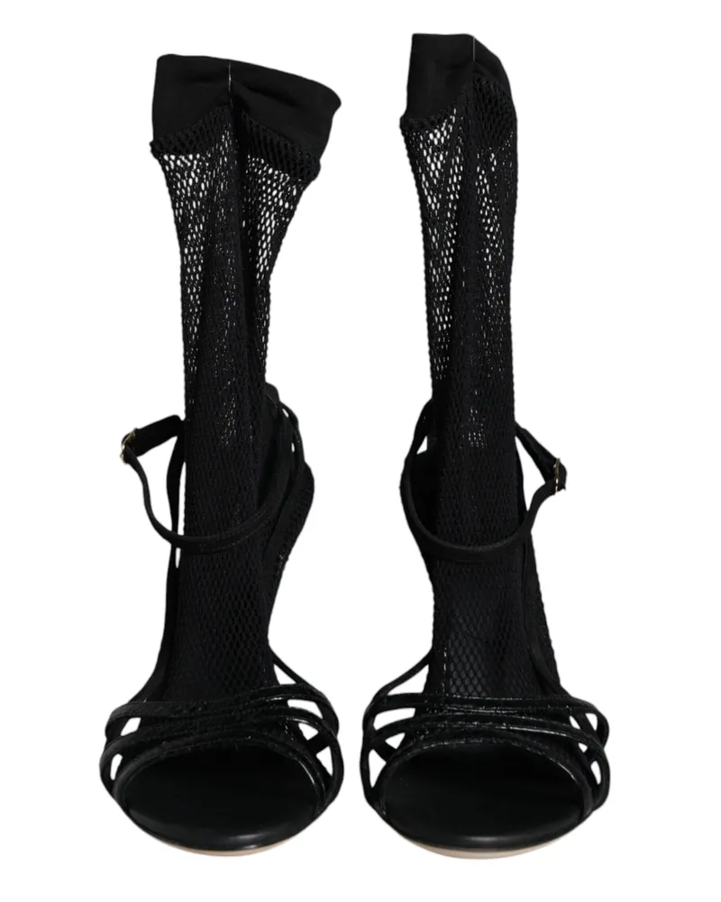Dolce & Gabbana Women's Black Mesh Stiletto Heels Sandals Shoes Leather Black