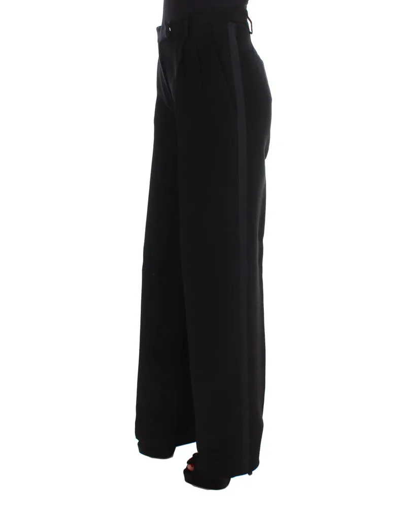 Ermanno Scervino Women Black Striped Cotton Blend Wide Legs Pants Black