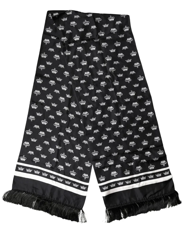 Dolce & Gabbana Men's Black Silk Crown Fringe Neck Wrap 173cm X 32.5cm Scarf And White Black