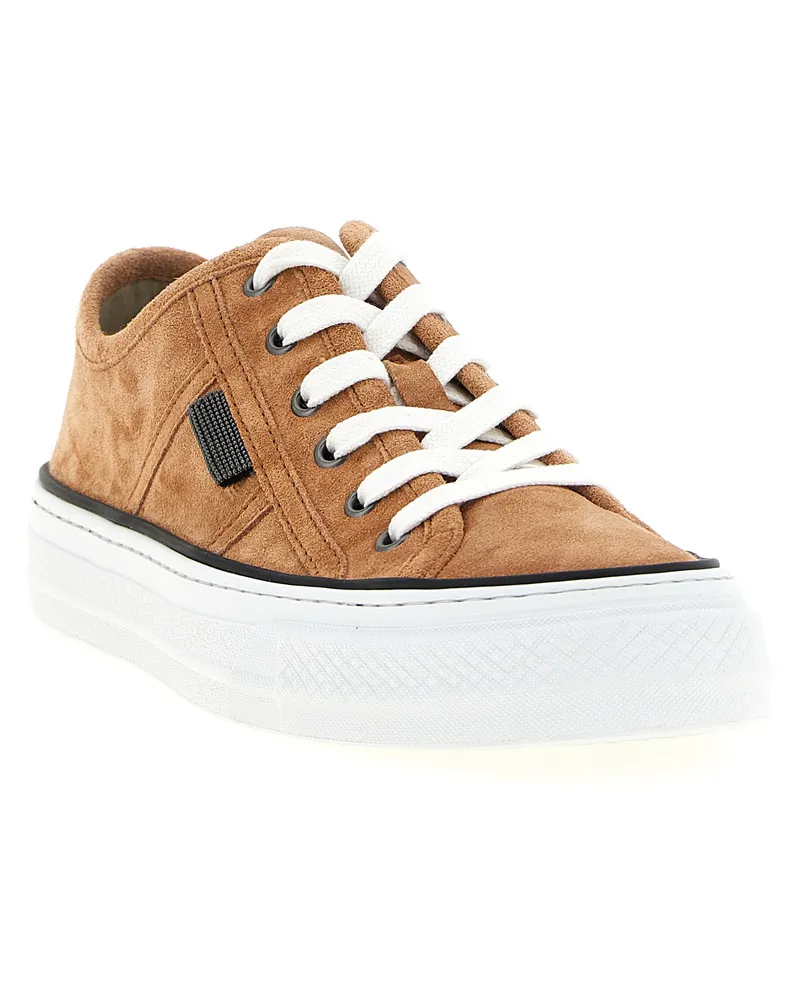 Brunello Cucinelli Suede with Shiny Tab Detail Sneaker — tan Tan