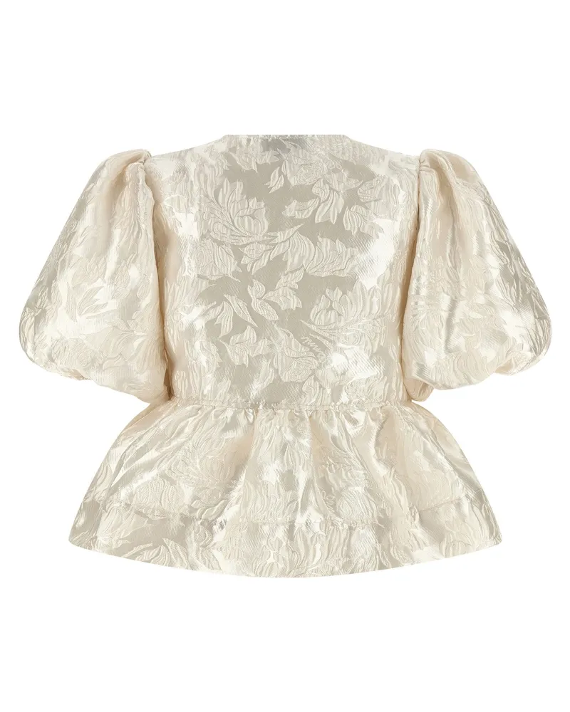 Ganni Satin Jacquard Peplum Blouse — Cream Cream