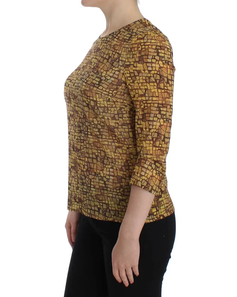 Dolce & Gabbana Women's Multicolor Mosaic Print Silk Blouse T-Shirt Yellow