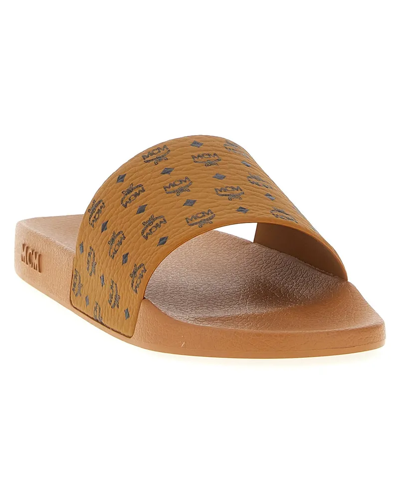 MCM All-Over Monogram Slides — Tan Tan