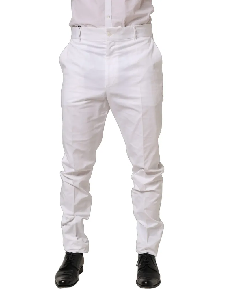 Dolce & Gabbana Men's White Cotton Tapered Leg Dress Trouser Pants Elastane White