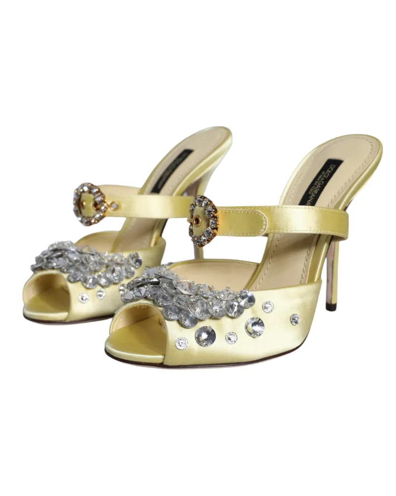 Dolce & Gabbana Women's Yellow Mary Janes Satin Crystal Sandals Shoes Viscose Yellow