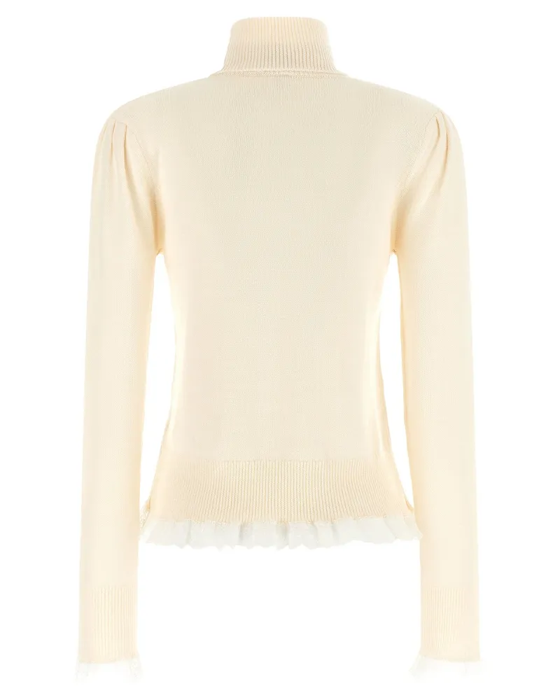 Ganni Merino Wool Turtleneck with Lace Trim Sweater — Cream Cream