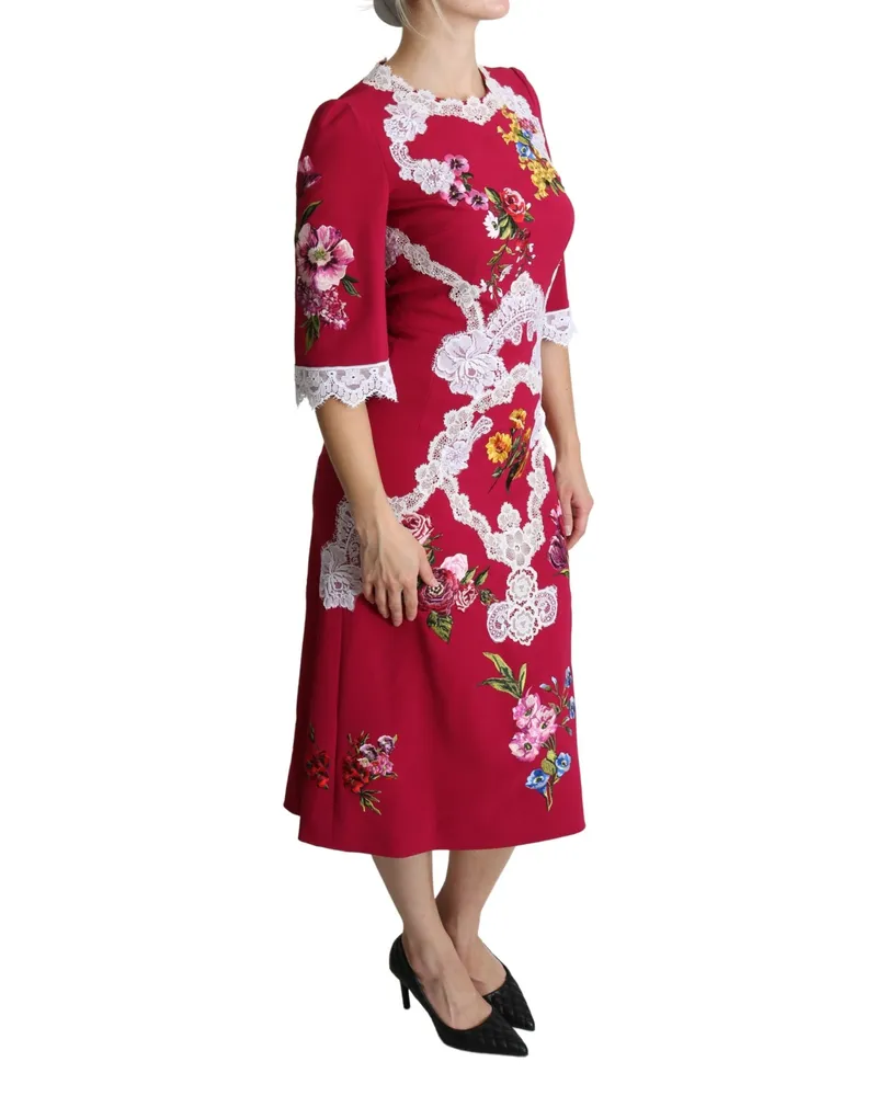 Dolce & Gabbana Women's Red Floral Embroidered Sheath Midi Dress Rayon Acetate Spandex Red