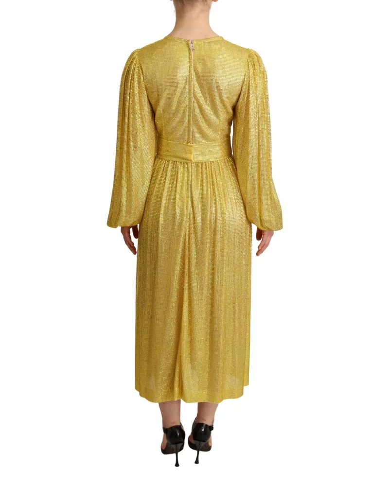 Dolce & Gabbana Women's Yellow Crystal Mesh Pleated Maxi Dress Cotton Nylon Elastane Yellow