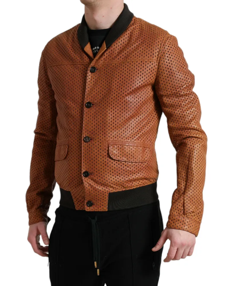 Dolce & Gabbana Men's Brown Lambskin Leather Perforated Jacket Cotton Clothing Brown