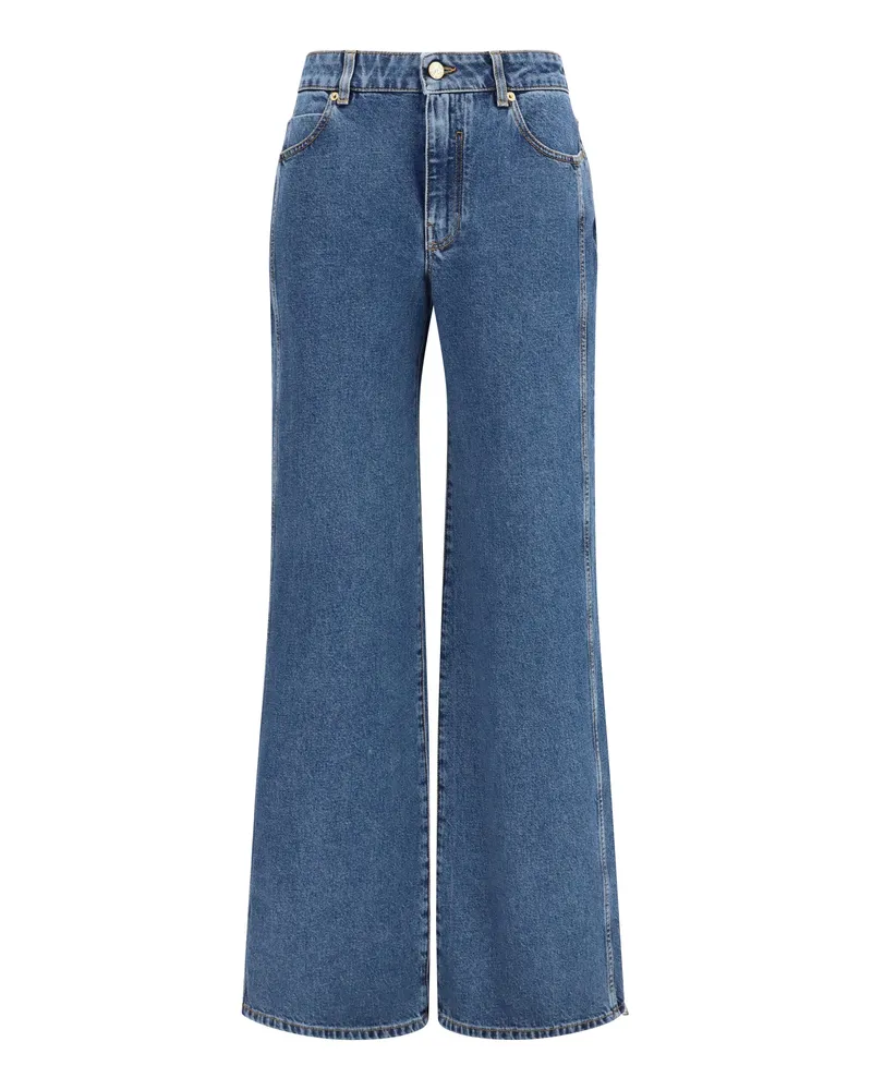Balmain Women's Jeans Straight Wide-Leg Dark Denim Blue Cotton Blue