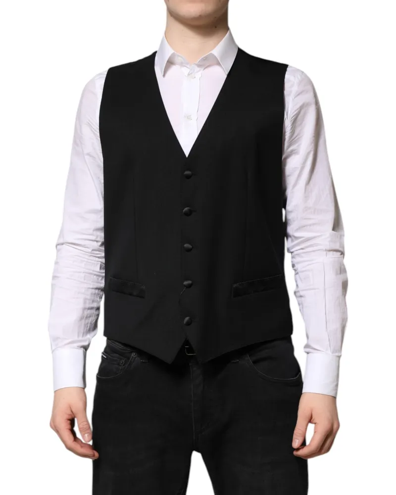 Dolce & Gabbana Black Wool Dress Formal Men Waistcoat Vest Virgin Elastane Black