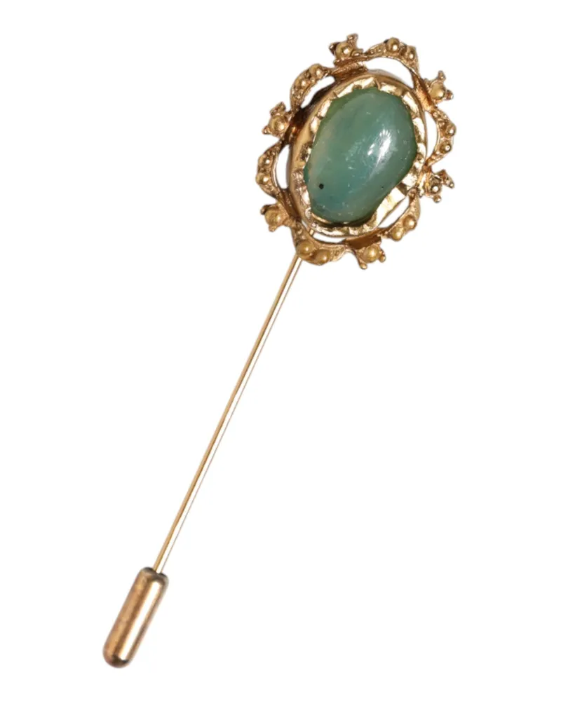 Dolce & Gabbana Gold Tone Green Stone Antique Men Accessory Brooch Pin Gold