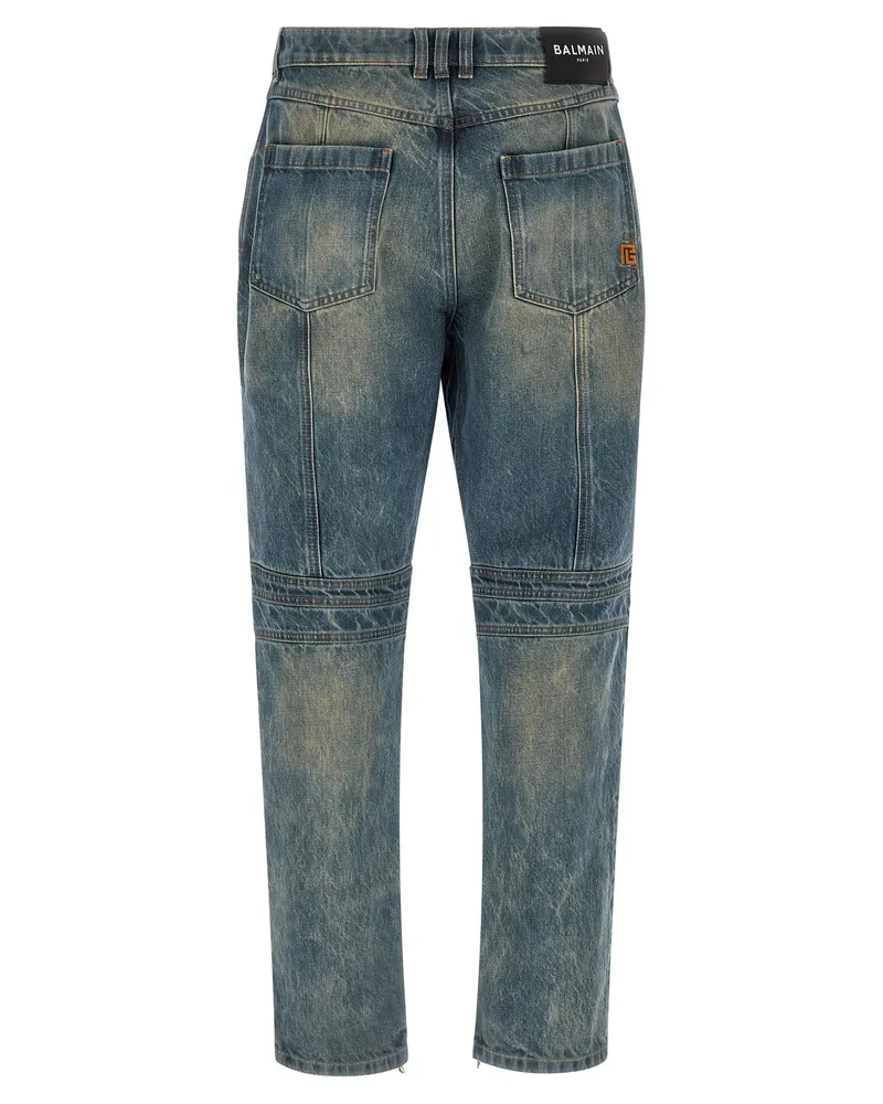 Balmain Knee-Ribbed Biker Denim Jeans — Blue Blue