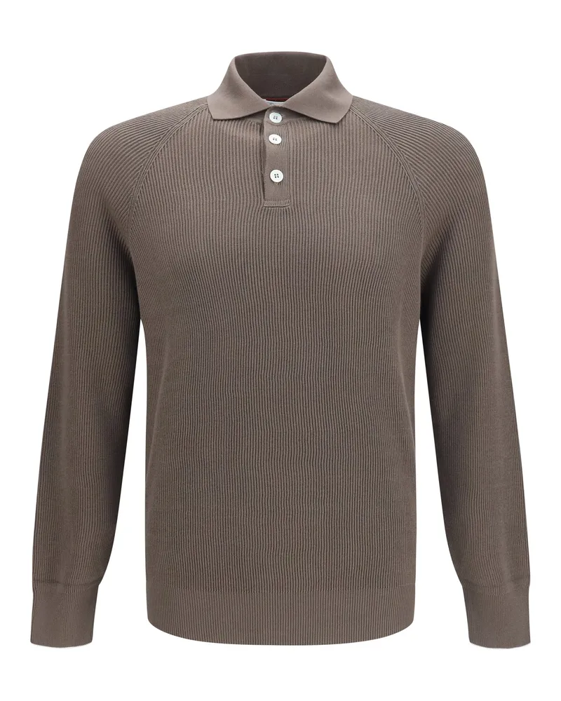 Brunello Cucinelli Men's Long-Sleeve Knit Polo Shirt Hazelnut-Panama Cotton Hazelnut/panama T-shirts And Polos Brown