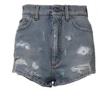 Women Blue Tattered Denim Cotton Hot Pants Shorts Elastane