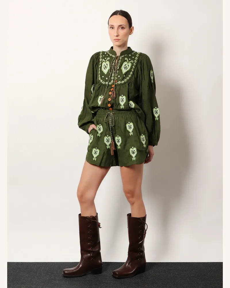 FARM Rio Women's Green Heart Tapestry Embroidered Shorts Linen Green