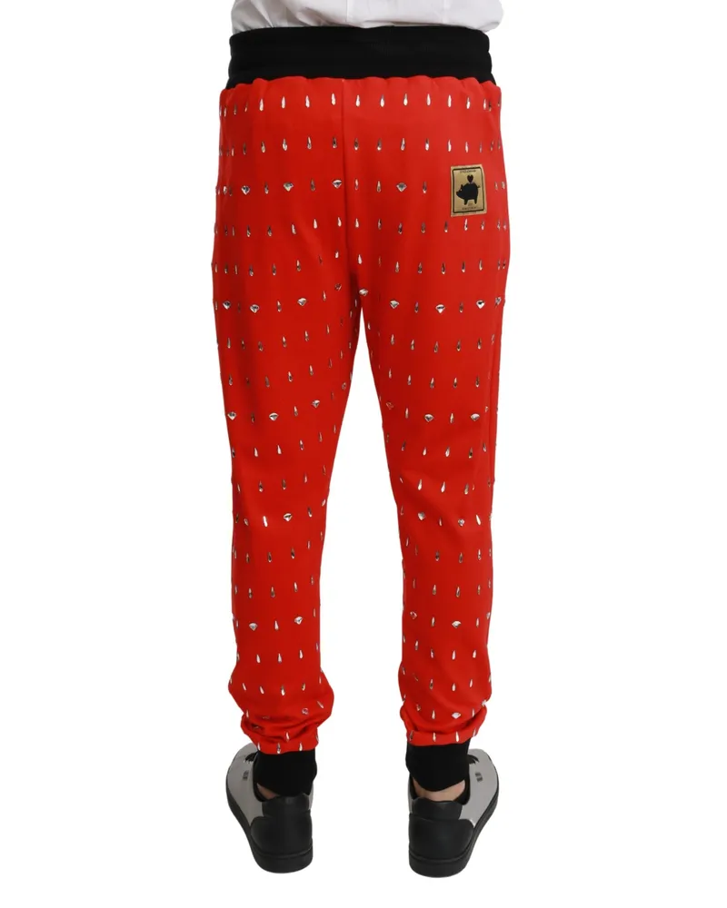 Dolce & Gabbana Men's Red Piggy Bank Cotton Crystal Trousers Pants Red