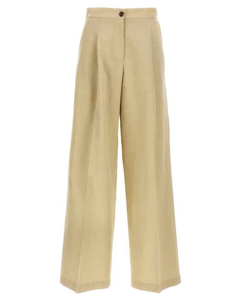 Yves Salomon Pleated High-Waist Linen-Blend Trousers — Beige Beige