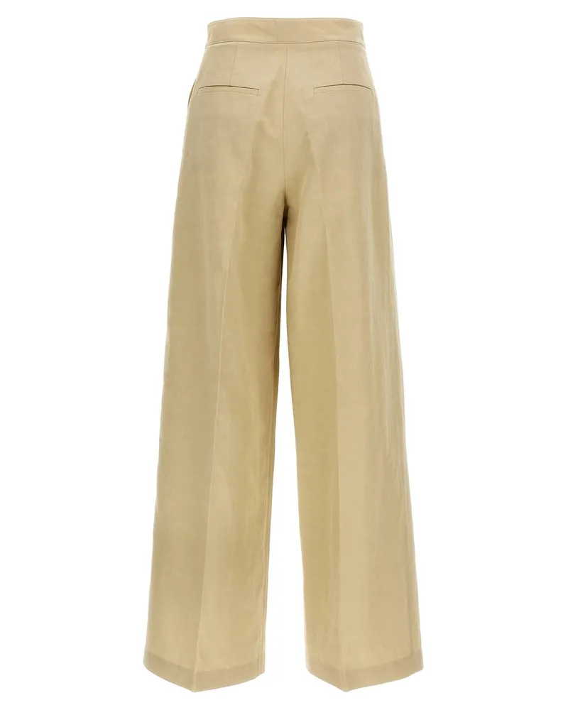 Yves Salomon Pleated High-Waist Linen-Blend Trousers — Beige Beige