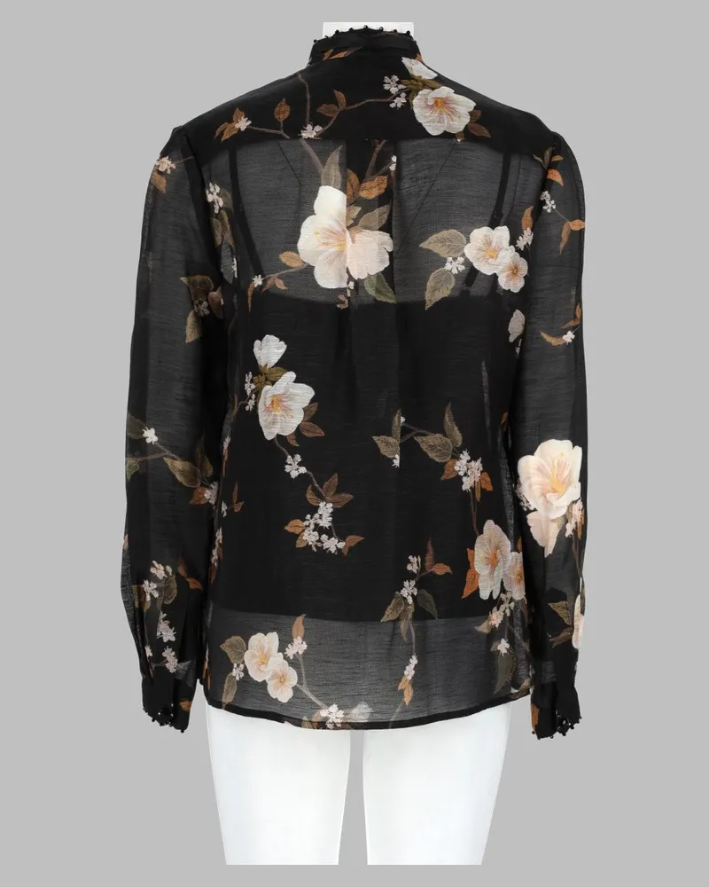 Zimmermann Floral Embroidered Linen Silk Blouse — Black Black