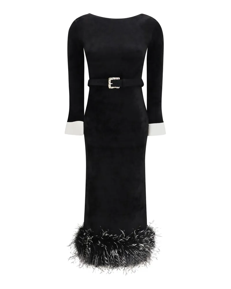 Self-Portrait Feather-Trimmed Chenille Dress — Black Black