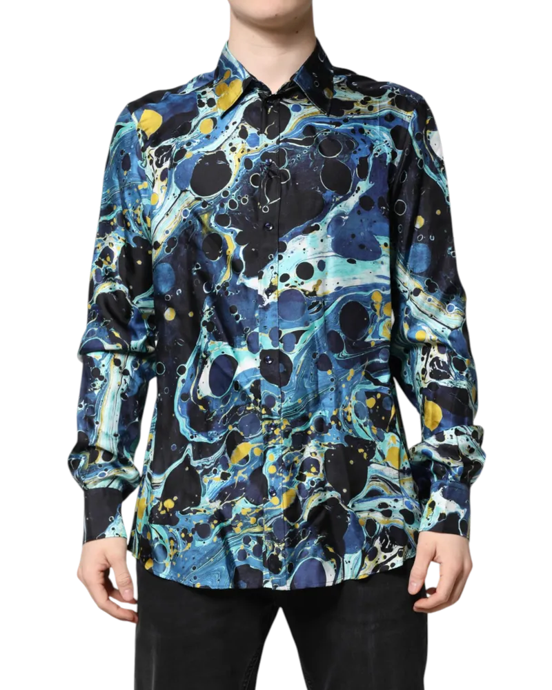 Dolce & Gabbana Men's Blue Marble Print Martini Dress Formal Shirt Silk Blue