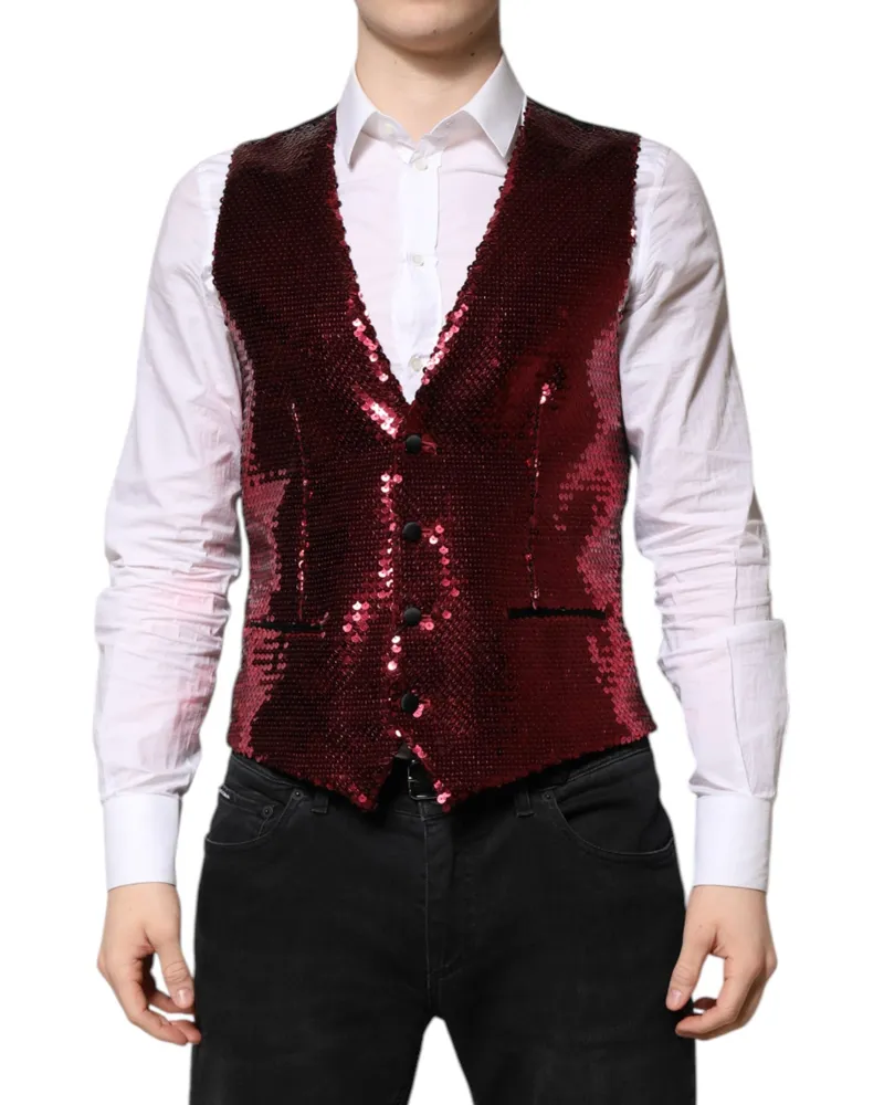 Dolce & Gabbana Red Sequined Dress Formal Men Waistcoat Vest Nylon Polyester Silk Elastane Red