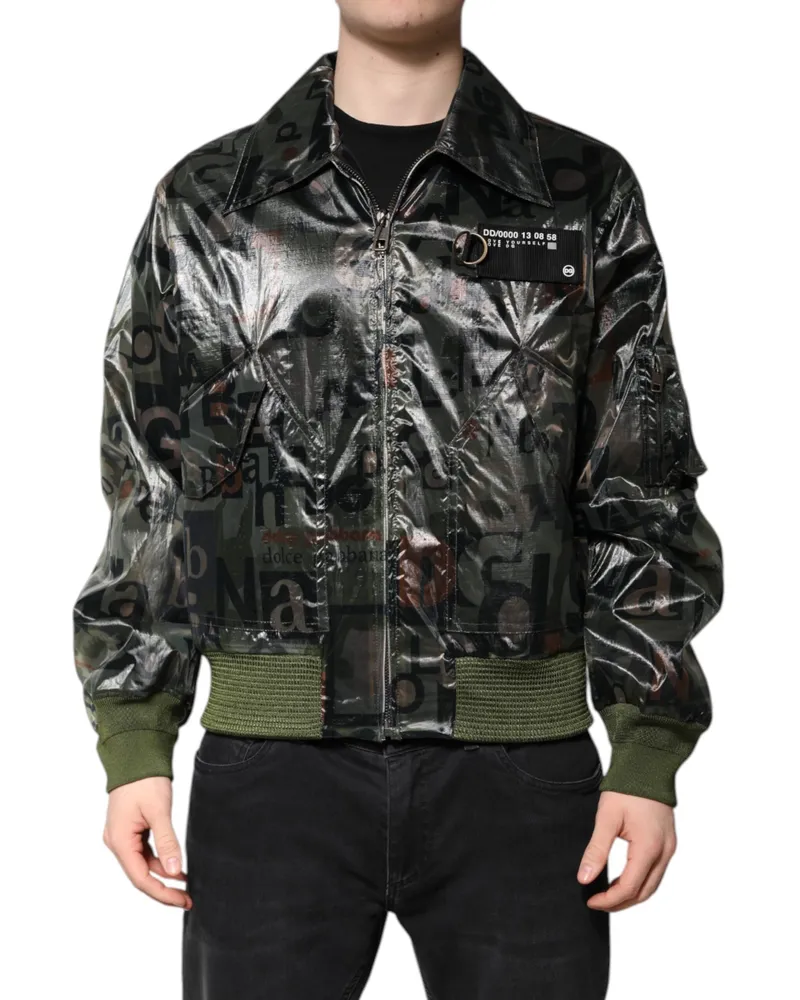 Dolce & Gabbana Men's Green Dg Logo Print Bomber Full Zip Jacket Nylon Clothing Black